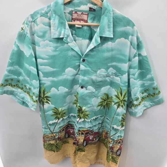Vintage RJC Hawaiian Aloha Shirt Woody Cars Palms 100% Cotton Button Down 2xl - Picture 1 of 16